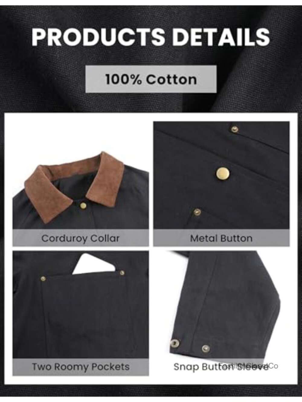 Cropped Barn Jacket Corduroy Collar Button Down Long Sleeve Short Coat Pockets - Picture 3 of 6